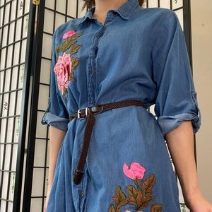 Blue dress with pink embroidered flowers